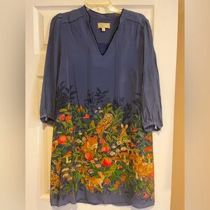 Moulinette Soeurs Forest-Themed Blue Silk Dress, Size M